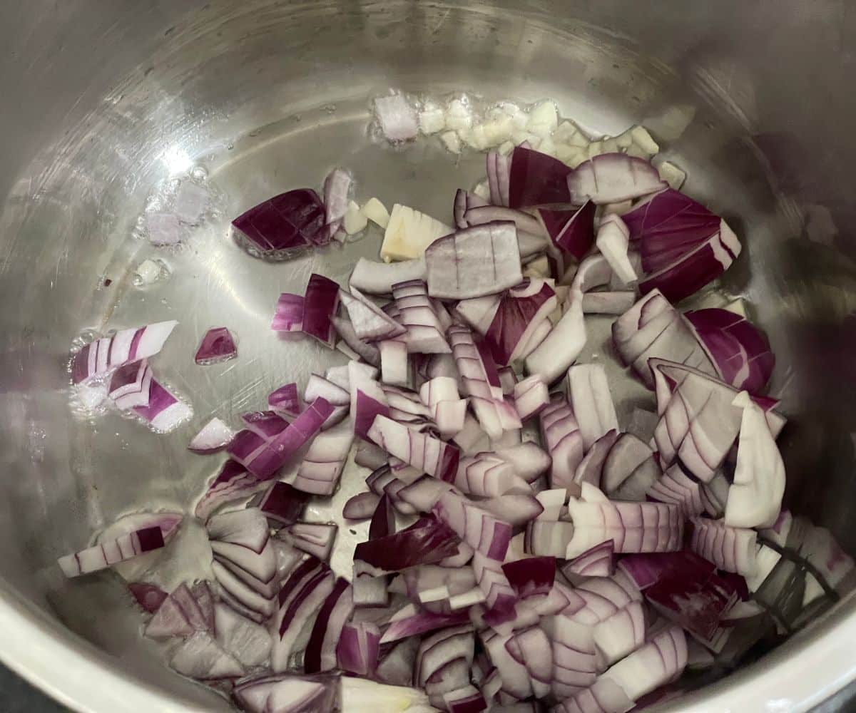 An instant pot is with chopped garlic and onions.