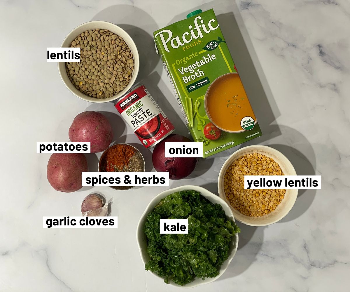 Instant pot vegan lentil soup ingredients are on the table.
