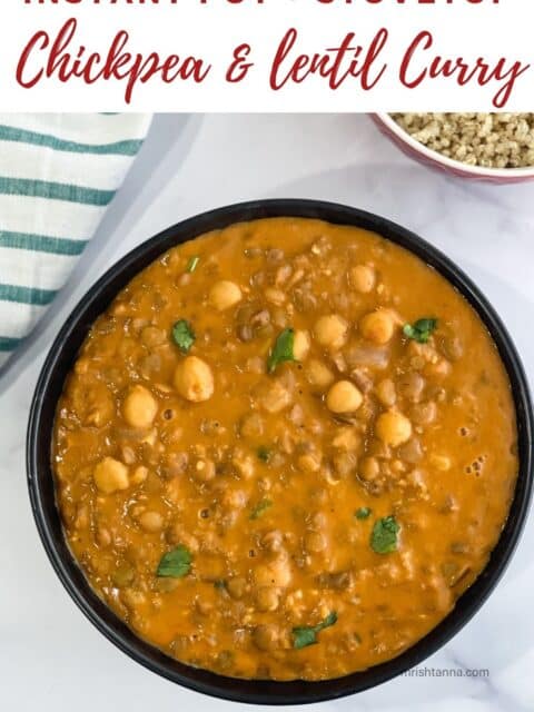 A bowl has chickpea and lentil curry.