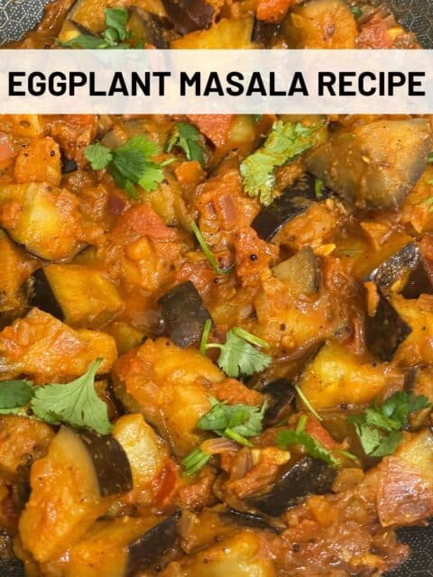 A pan is full of Indian Eggplant masala curry topped with cilantro.
