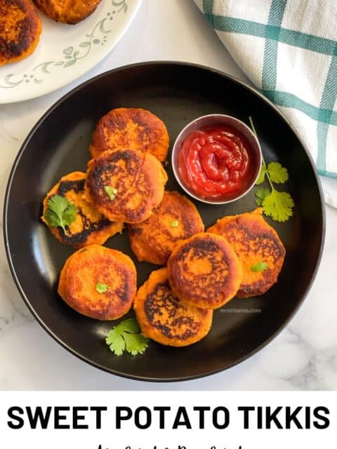 A plate of sweet potato tikki is on the table.