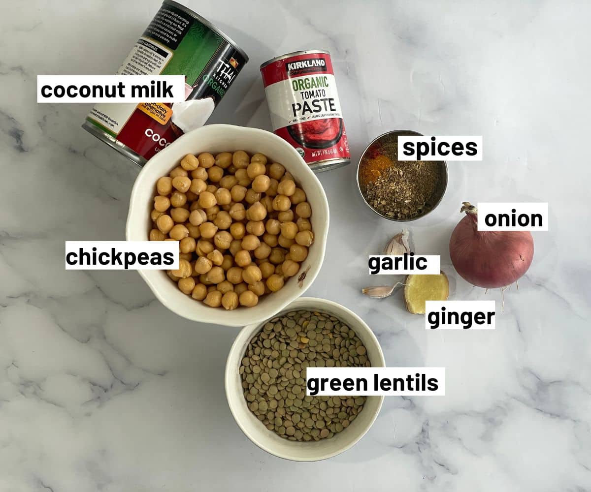 Chickpea and lentil curry ingredients.