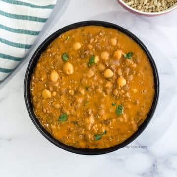 A bowl of Instant pot chickpea and lentil curry.