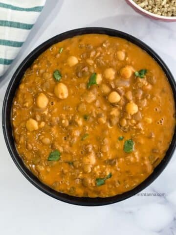 A bowl of Instant pot chickpea and lentil curry.