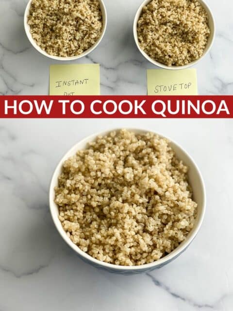 A bowl has cooked quinoa grain.