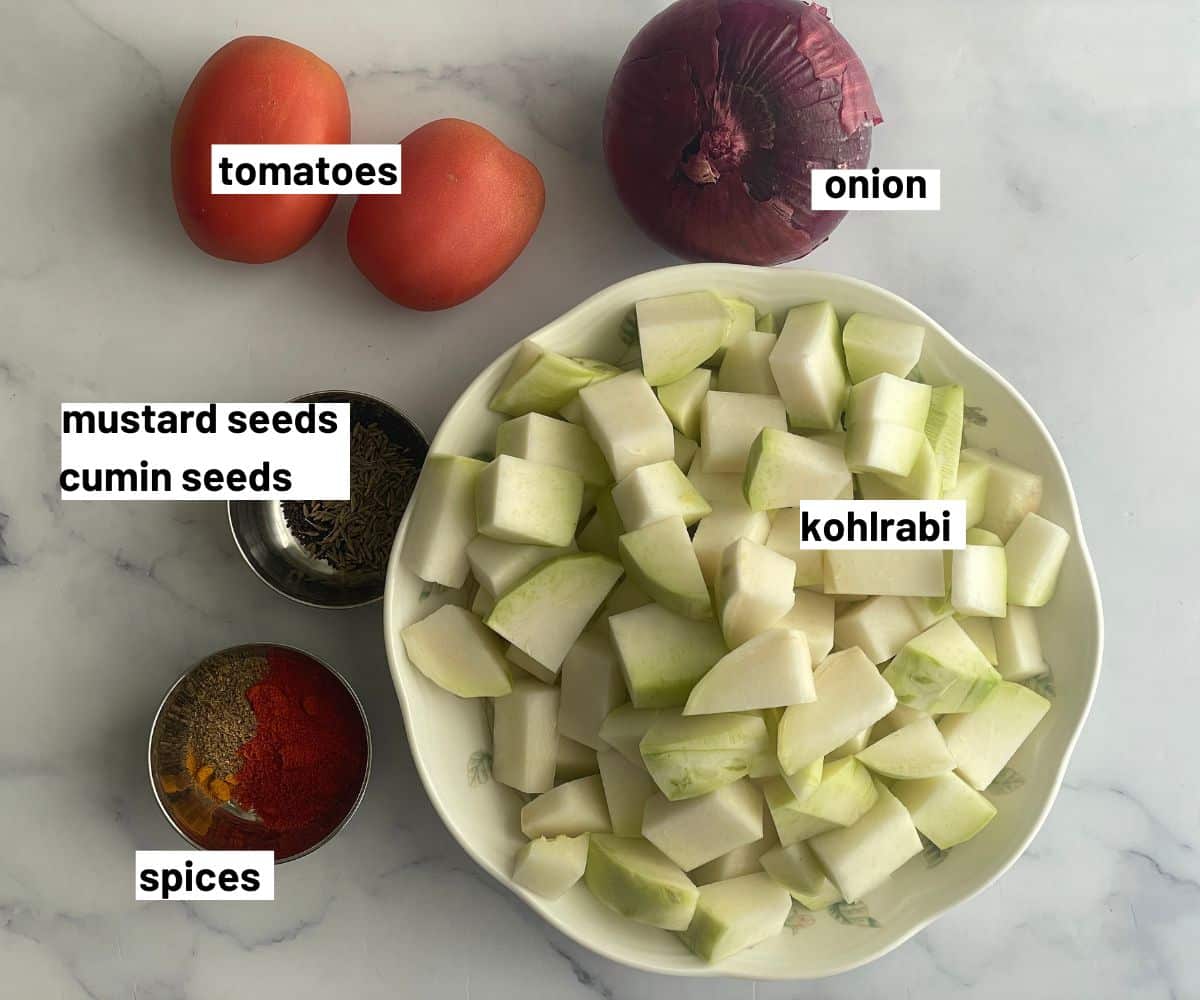 Kohlrabi curry ingredients are on the table.