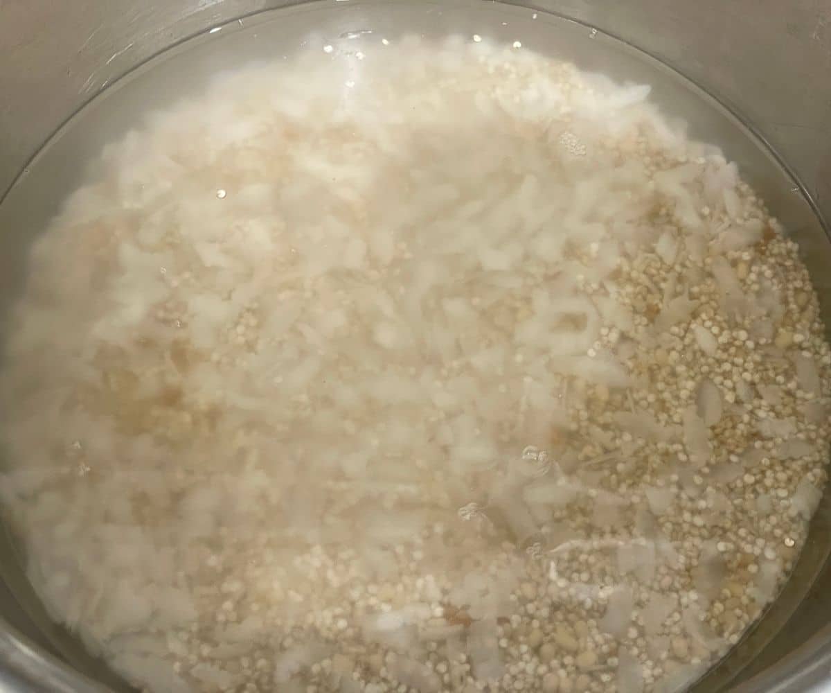 A bowl has full of water and all the ingredients of quinoa idli soaked in.