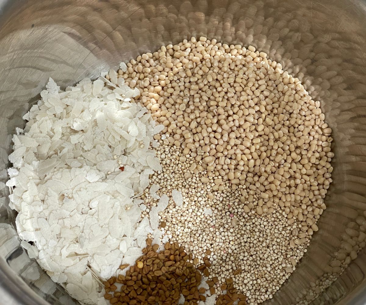 A bowl has Quinoa idli ingredients.