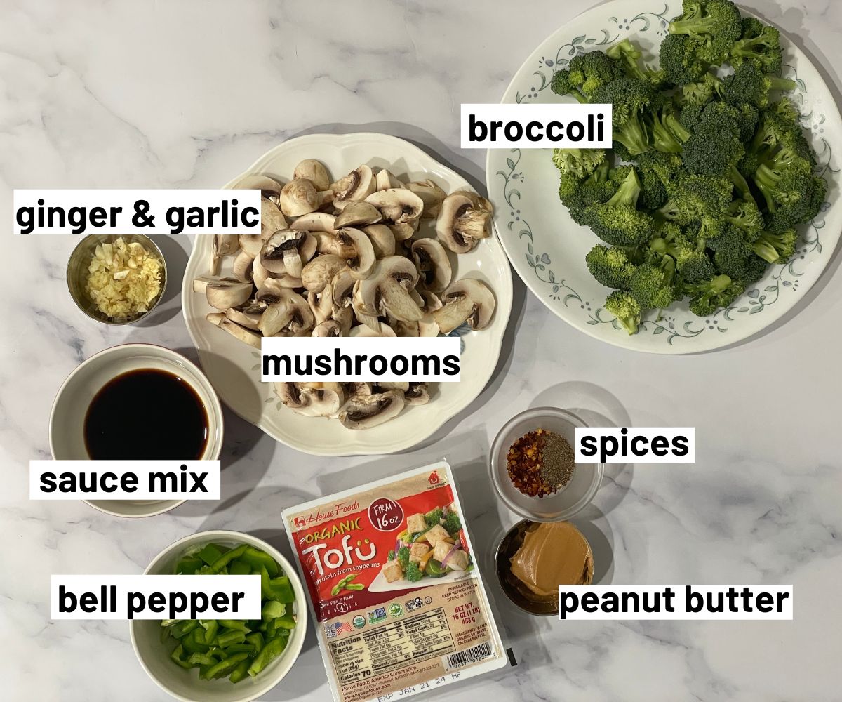 Tofu broccoli stir fry ingredients are on the table.