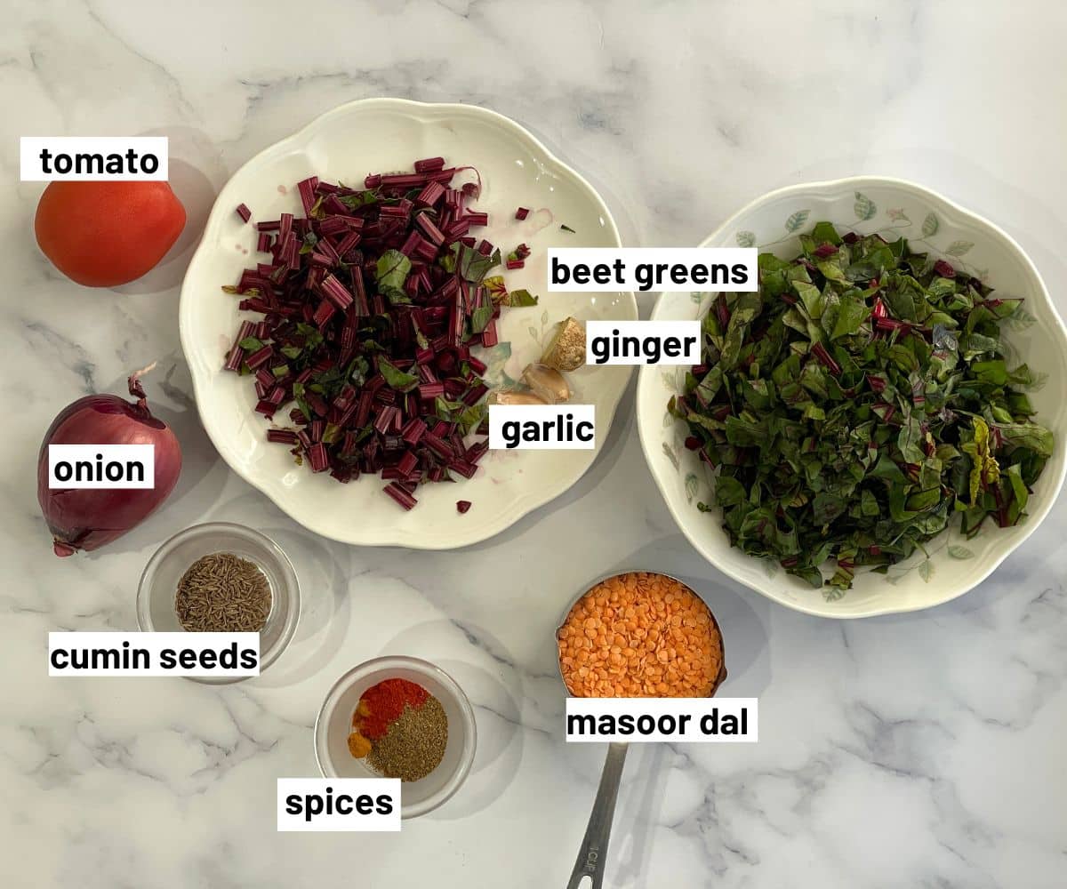 Beetroot leaves dal ingredients are on the table.