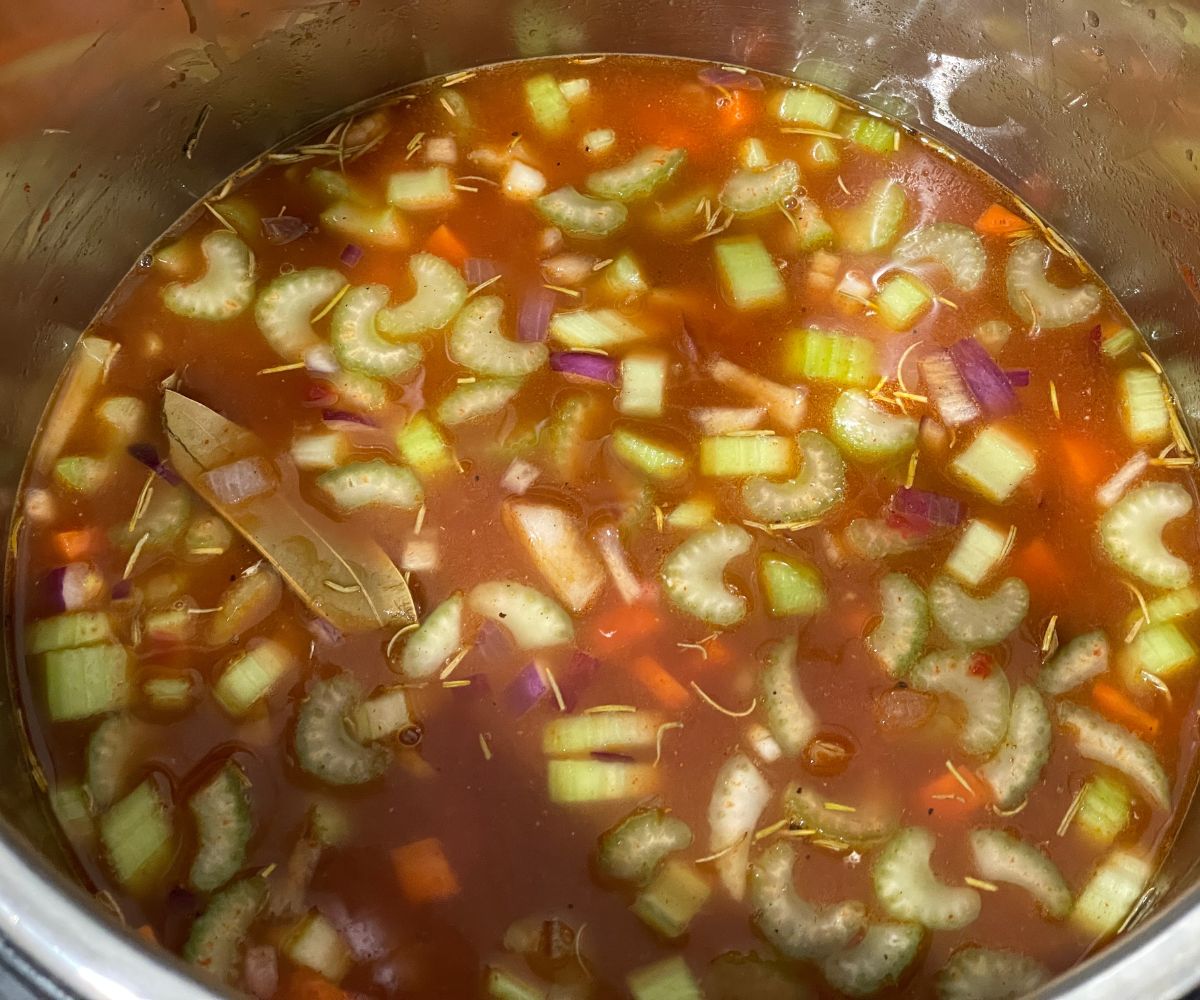 An instant pot filled with all the ingredients for garbanzo bean soup with broth.