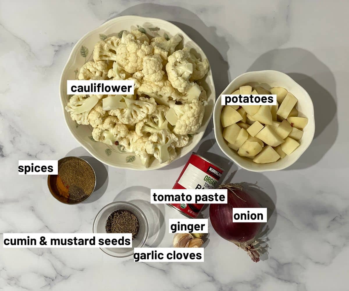 Aloo gobi ingredients are on the table.