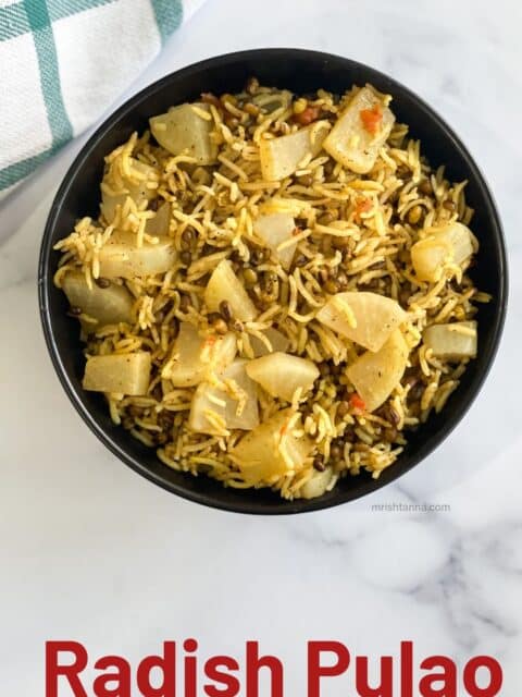 A bowl of radish pulao is on the table.