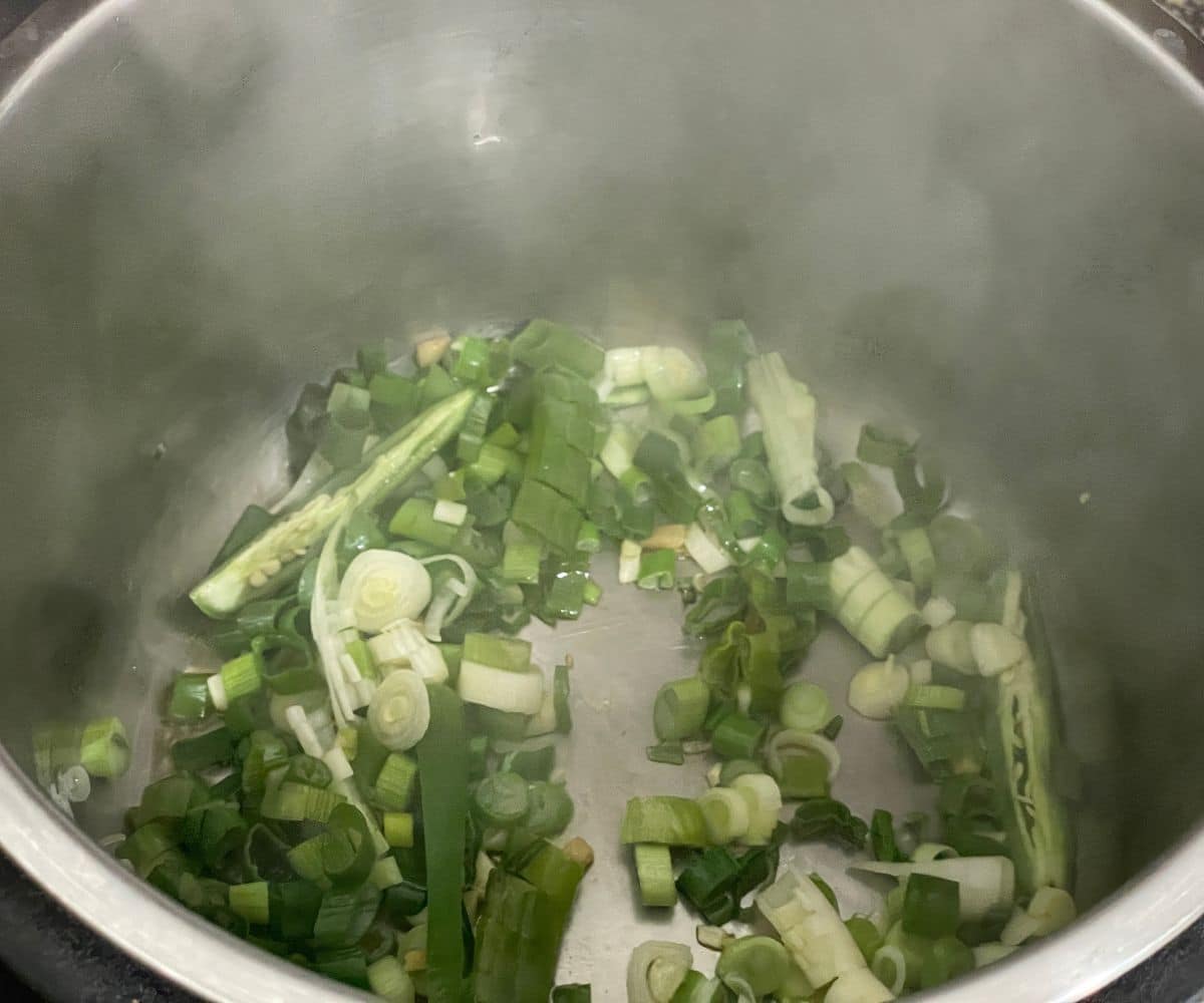 An instant pot has green onions and spices.