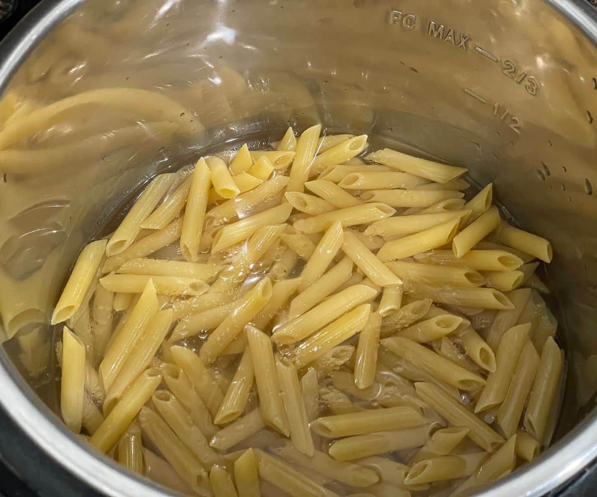 An Instant Pot has uncooked pasta.