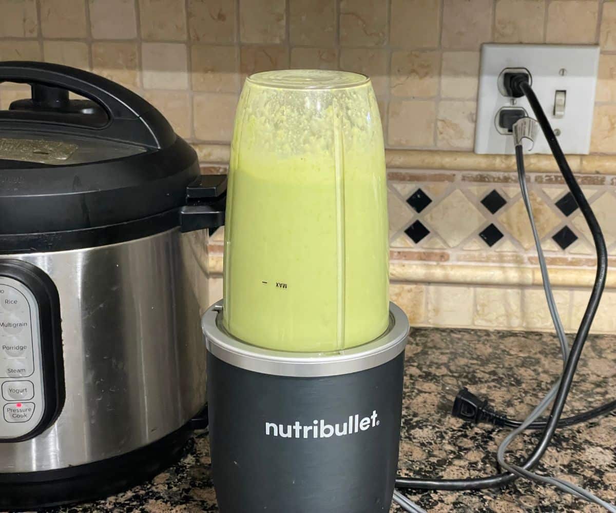 A blender has creamy sauce for pasta.
