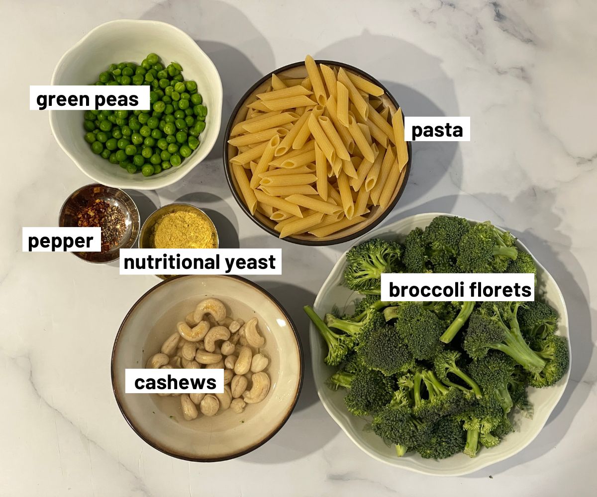 Instant pot Broccoli pasta ingredients are on the table.