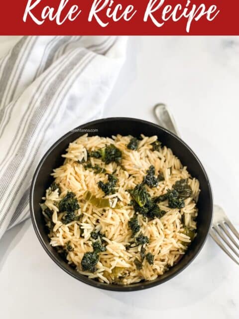 A bowl of kale rice is on the surface.