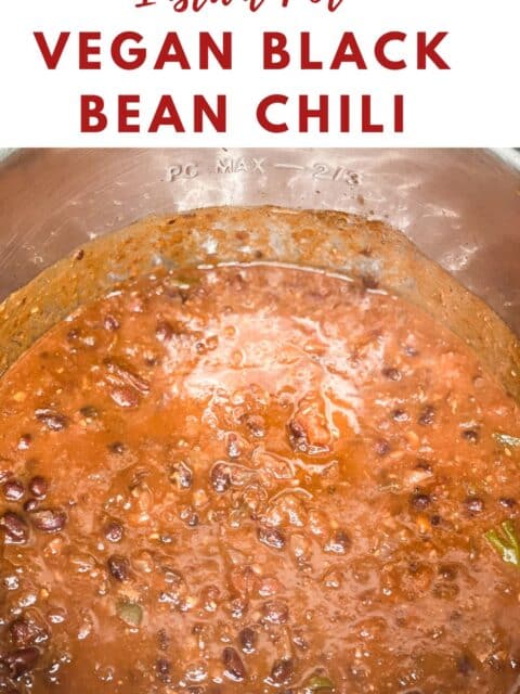 An instant pot is filled with vegan black bean chili.