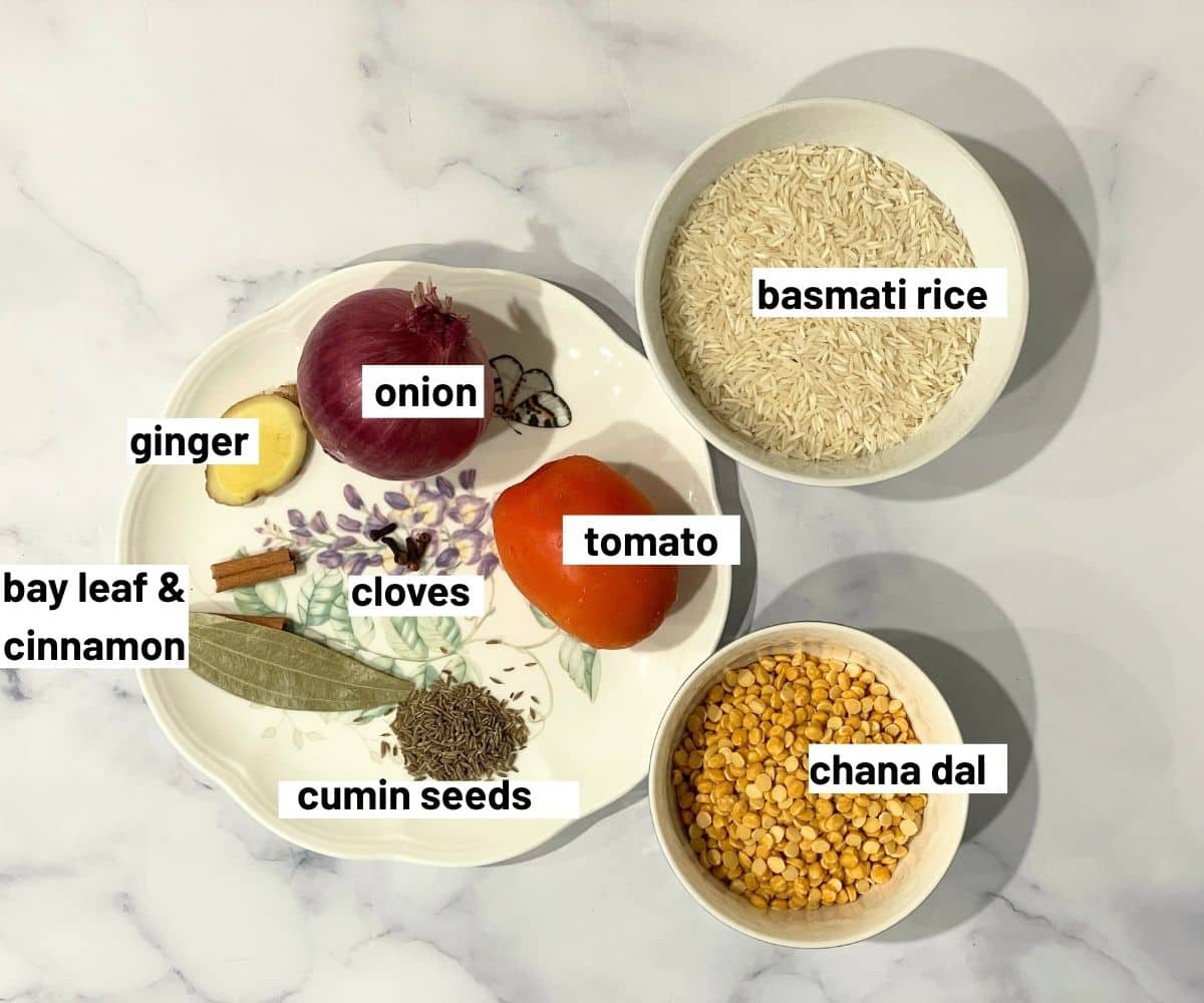 Chana dal pulao ingredients are on the table.